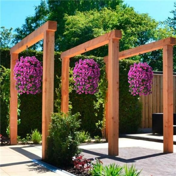 Artificial Hanging Flower Basket Faux Begonia Outdoor Patio Porch Decor UV Safe - Picture 3 of 7